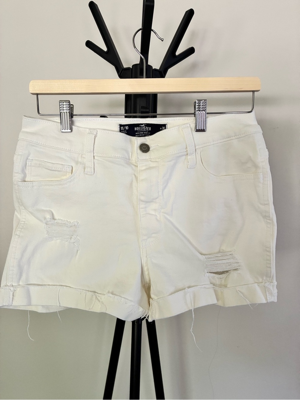 Hollister White Distressed Roll-Hem Denim Shorts